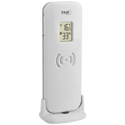 Digitale thermometer met hygrometer geeft '16°C' en '33%' luchtvochtigheid aan. Draadloos symbool signaleert verbinding.
