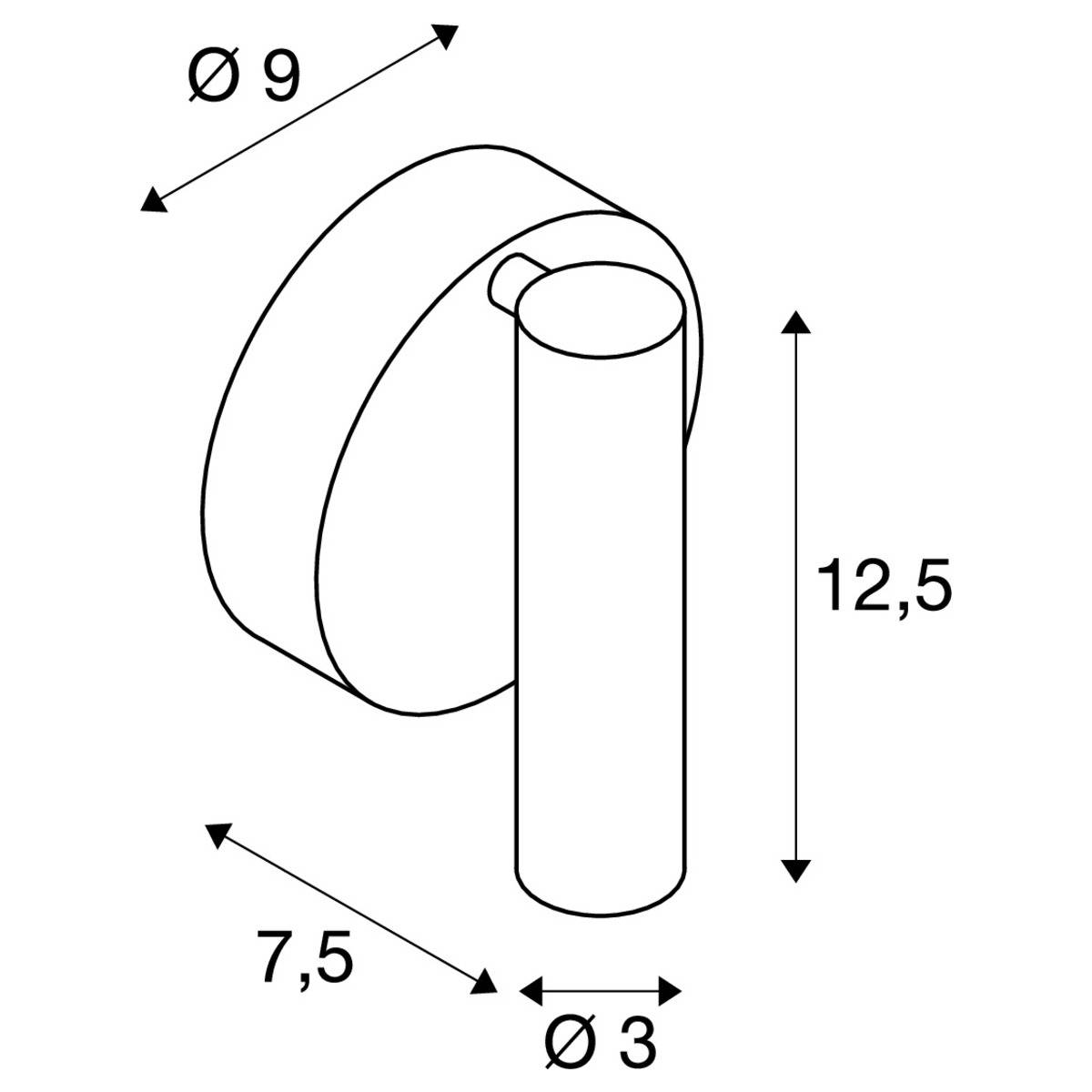 Technische tekening van een cilindrisch object met wandbevestiging. Afmetingen: diameter 9, lengte 12,5 en 7,5, kleine cirkel diameter 3.