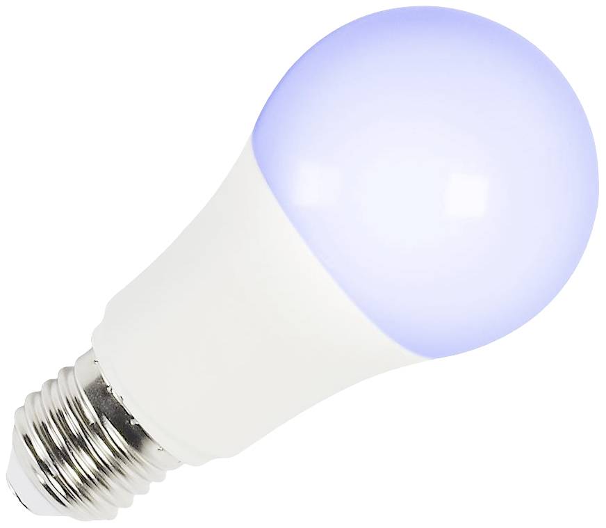 Witte LED-gloeilamp met blauwe, lichtgevende kap, E27-fitting, diagonaal aanzicht.