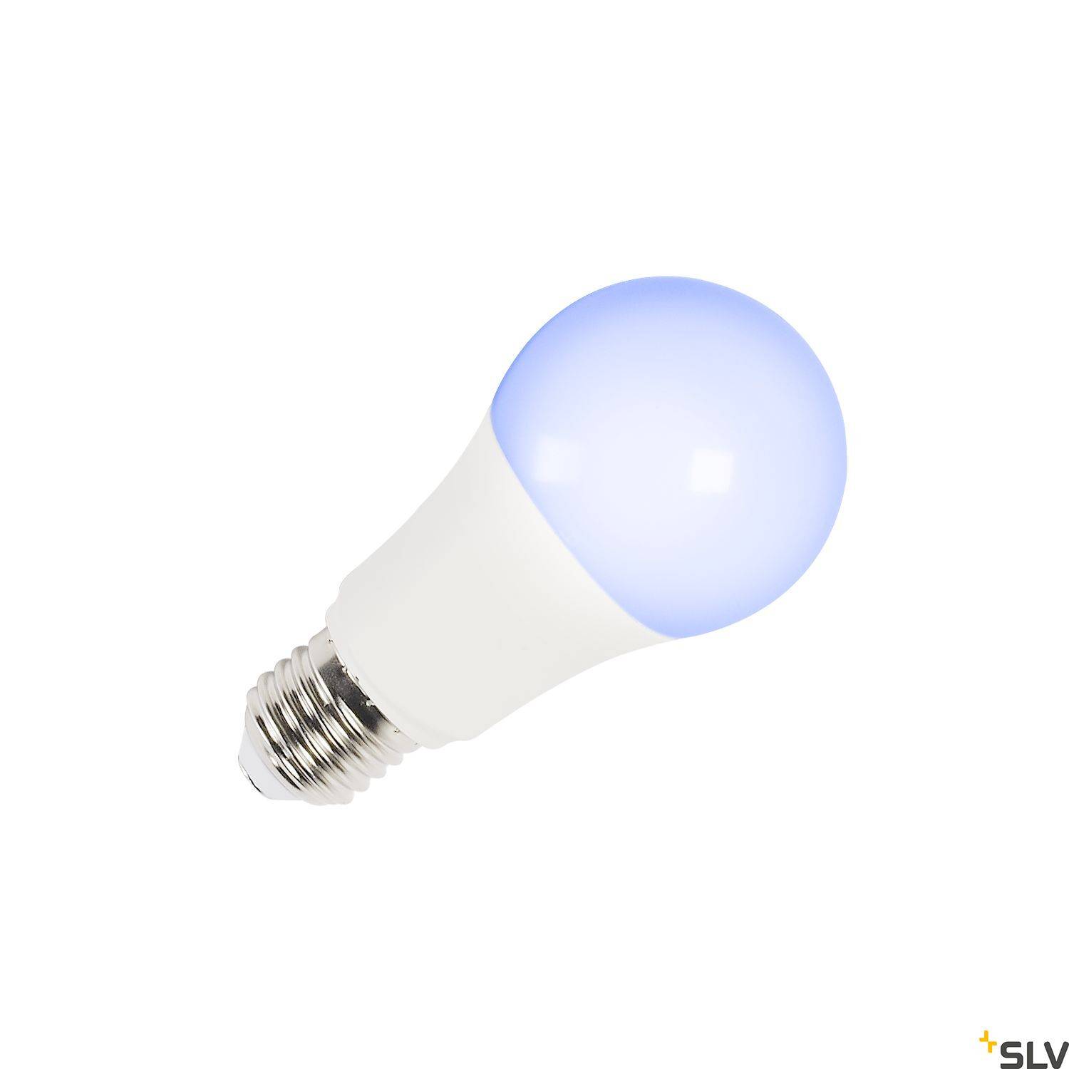 Een witte LED-lamp met blauw licht, E27-fitting, symboliseert energiezuinige verlichting.