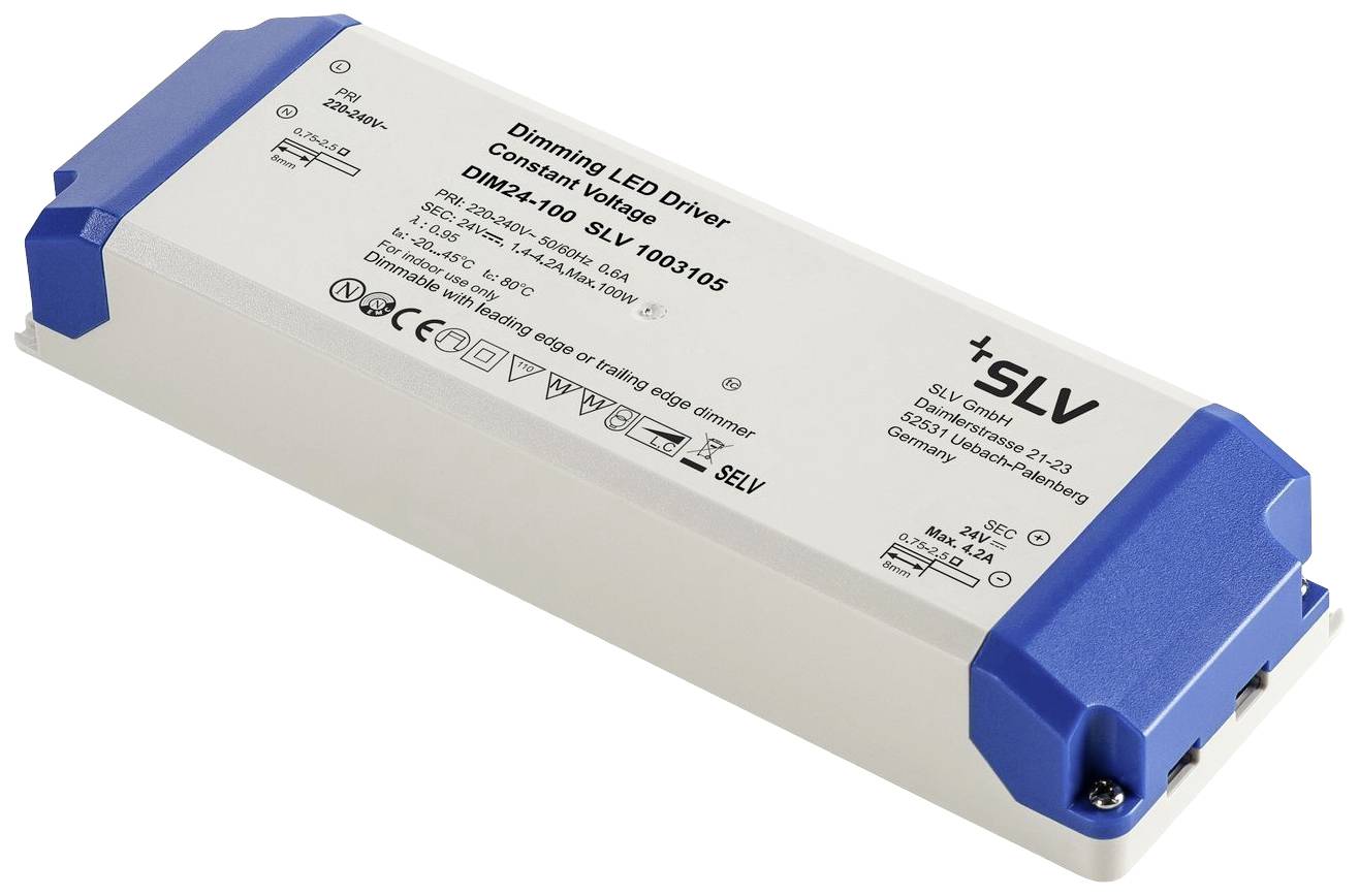 LED-dimmer-driver van SLV, model: DIMA24-100 SLV/1003105, met blauwe eindkappen, voor constante spanningsregeling, CE-gecertificeerd.
