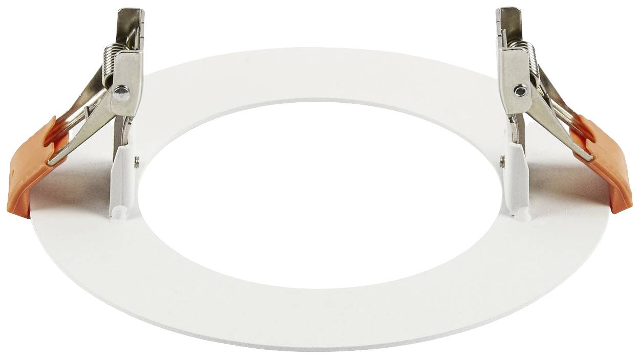 Witte inbouwframe met twee klemmen links en rechts, voor het bevestigen van ronde armaturen in het plafond.