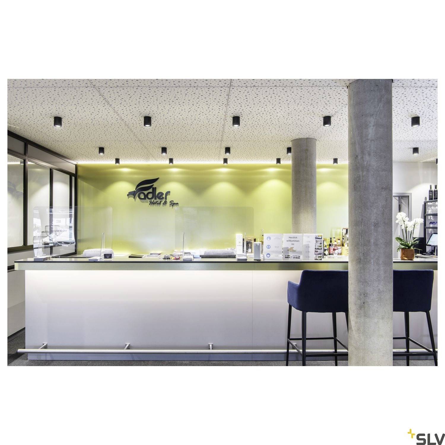 Receptiegedeelte van een modern hotel met een groen verlichte wand en het logo 'Adler Hotel & Spa'. Elegante, minimalistische inrichting.