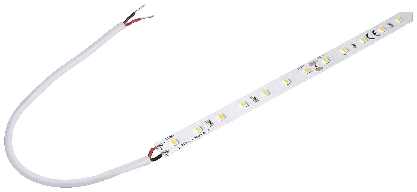 LED-strip met witte LED's op een wit lint met aansluitkabels aan één uiteinde, geschikt voor verlichtingstoepassingen.