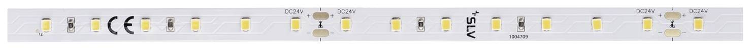 LED-strip met CE-markering en spanningsaanduiding. Meerdere gele LED's op een wit lint, met gelijkmatige tussenruimtes.