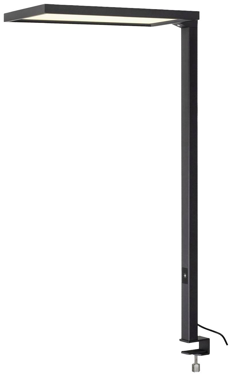 Zwarte LED-bureaulamp met rechthoekige, platte lichtunit en klem voor bevestiging aan tafelranden.