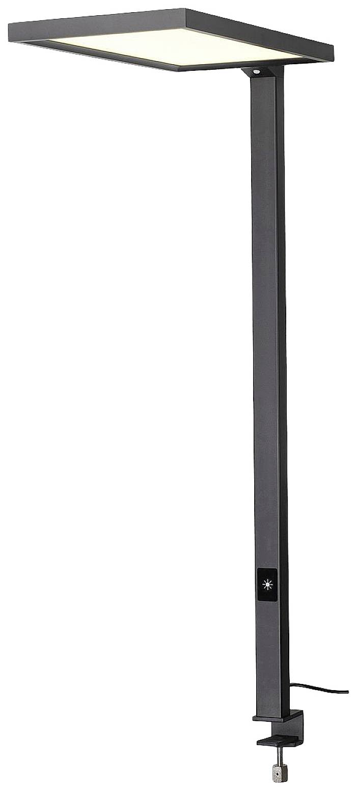 Zwarte LED-bureaulamp met rechthoekige verlichtingskop en schroefklem om te bevestigen op tafeloppervlakken.