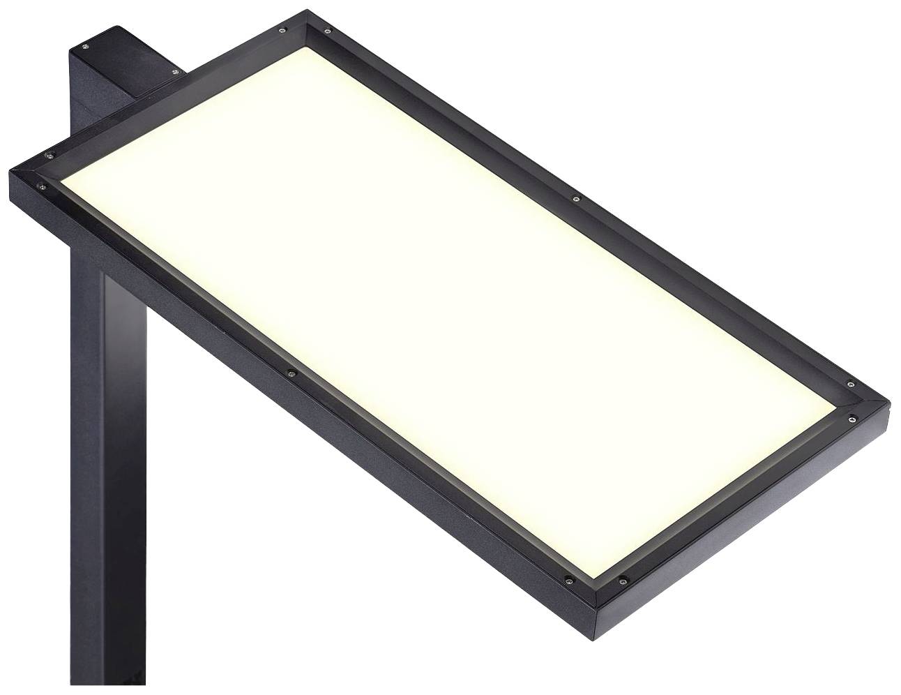 Een rechthoekige lamp met een zwarte rand schijnt helder. Hij is bevestigd aan een zwarte stang en straalt naar beneden.