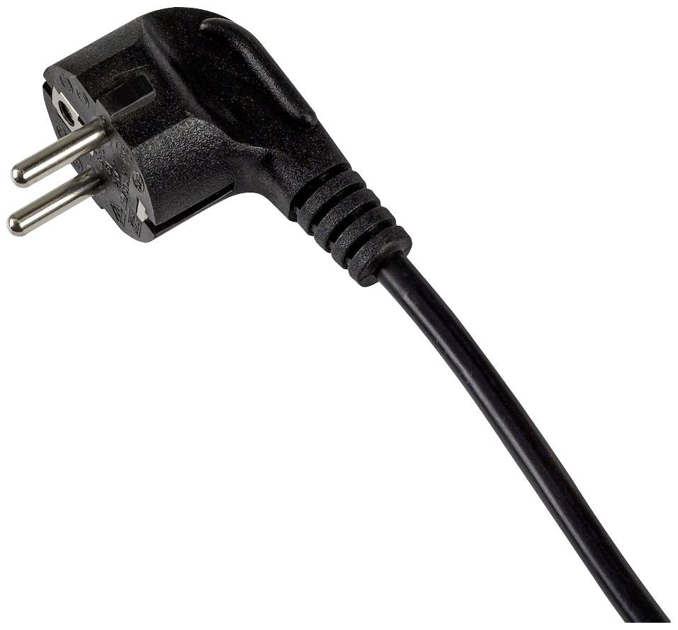 Een zwarte hoekstekker met drie pinnen, bevestigd aan een zwart kabel, wordt weergegeven tegen een witte achtergrond.