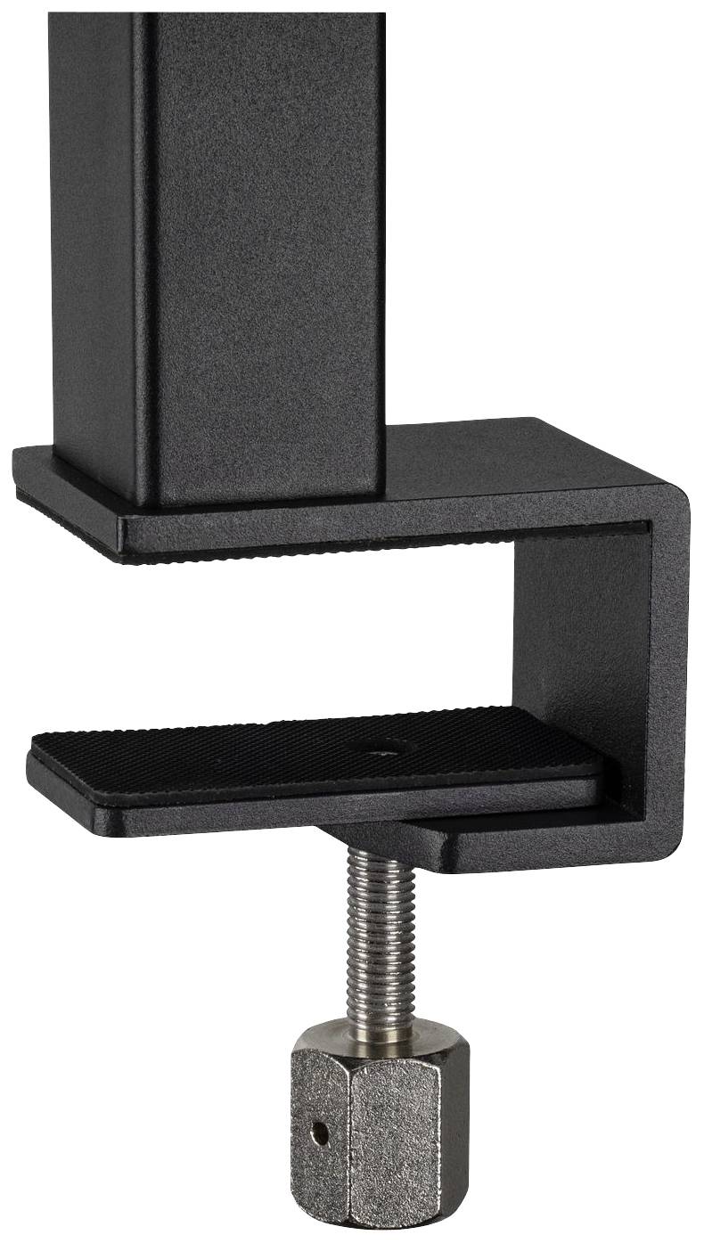 Metalen klem in C-vorm met schroefmechanisme voor bevestiging aan tafelranden of vergelijkbare oppervlakken.