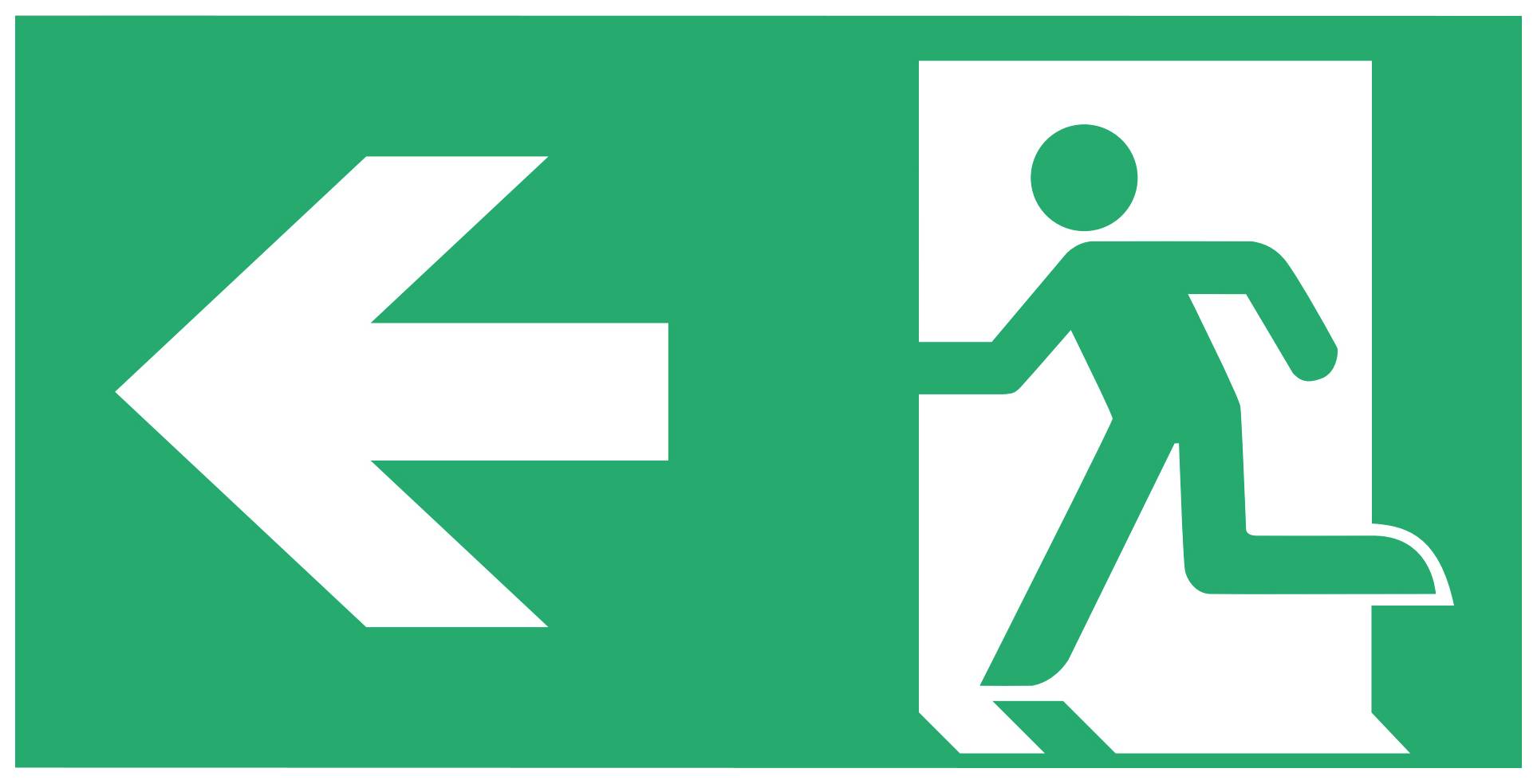 Nooduitgangsbord met een figuur die naar links loopt. Links wijst een grote pijl in de richting van een open uitgang.