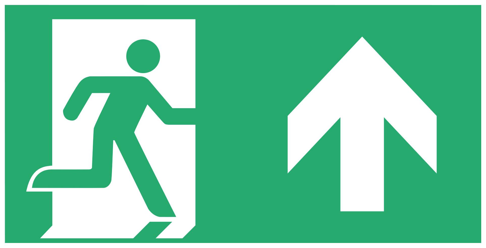 Nooduitgangsbord met een figuur die naar links rent en een pijl die naar boven wijst.