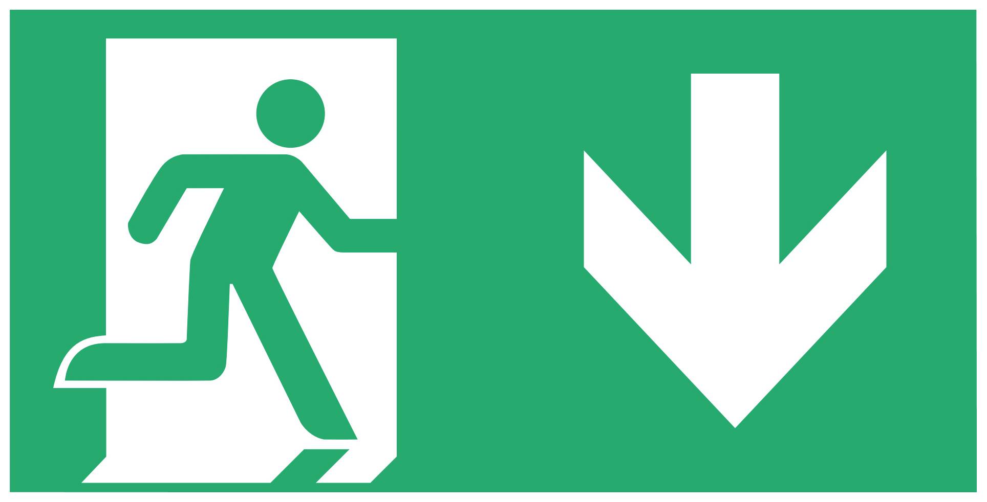 Nooduitgangsbord met een figuur die naar rechts rent en een witte pijl naar beneden die de vluchtroute aangeeft.