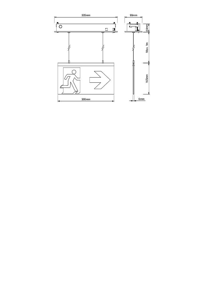 Technische tekening van een nooduitgangsbordje met afmetingen. Bevat pictogram van een rennende figuur met een pijl naar rechts.