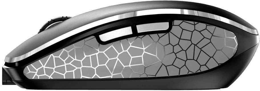 Draadloze computermuis met ergonomisch ontwerp, zwarte behuizing en grijs mozaïekpatroon aan de zijkant, zijtoetsen.