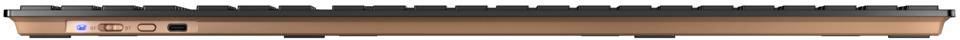 Een bruine soundbar met zwarte knoppen en blauw LED-licht aan de voorkant.