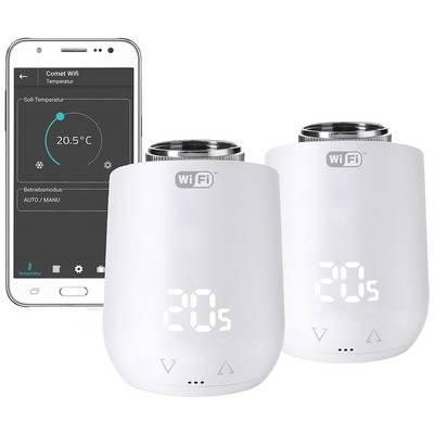 Twee slimme radiatorthermostaten naast een smartphone met een geopende app die de kamertemperatuur en bedieningsmodi weergeeft.