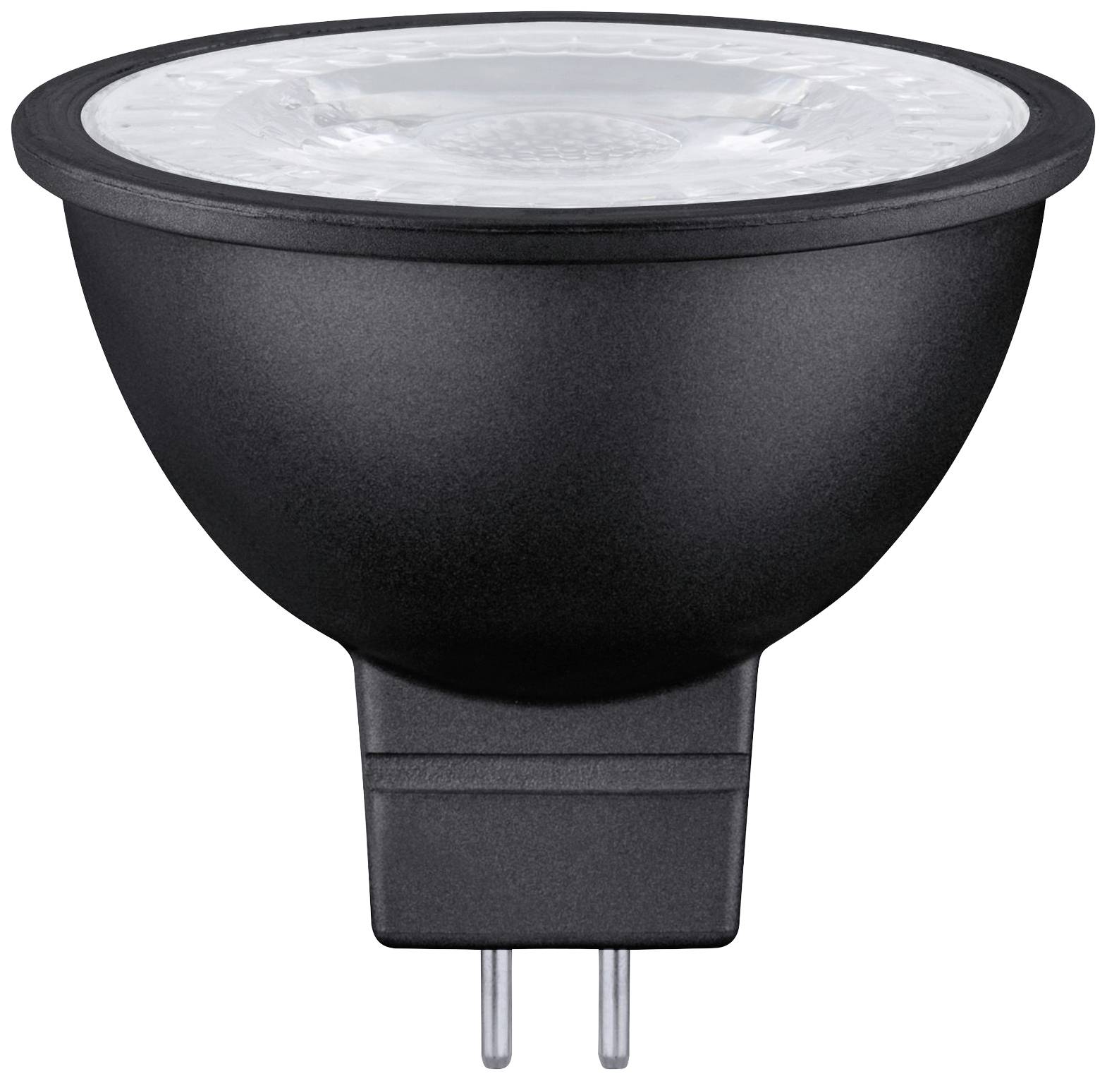 Zwarte LED-lamp met GU10-fitting, zijaanzicht. Geschikt voor energiezuinige verlichting.