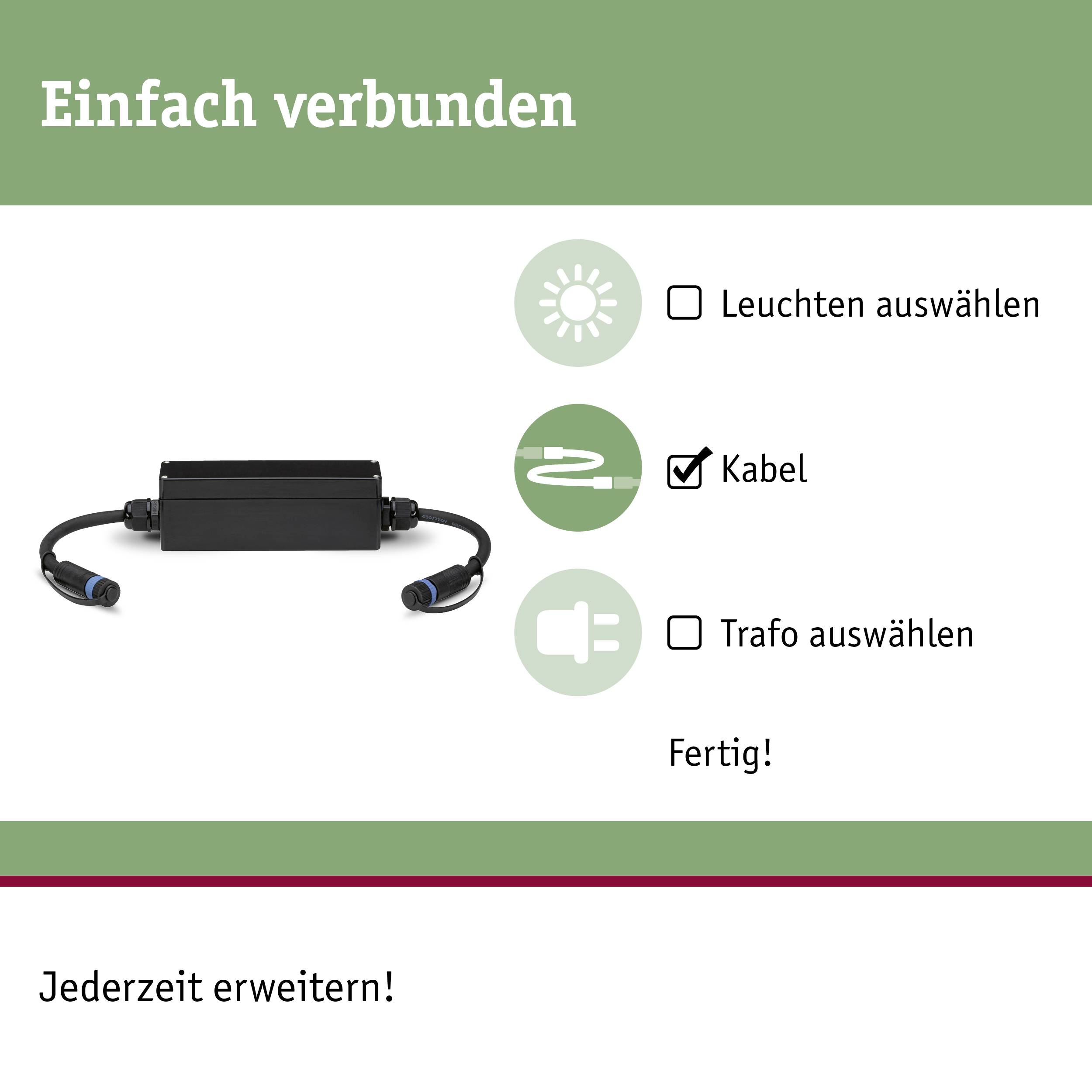 'Eenvoudig verbonden' toont een grafiek met opties: Verlichting selecteren, Kabel, Transformator selecteren. Status: Kabel geselecteerd. Tekst: 'Op elk moment uit te breiden!'
