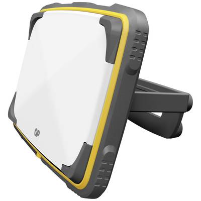Een draagbare LED-schijnwerper met een robuuste geel-zwarte behuizing en verstelbare handgreep voor eenvoudige positionering en verlichting.