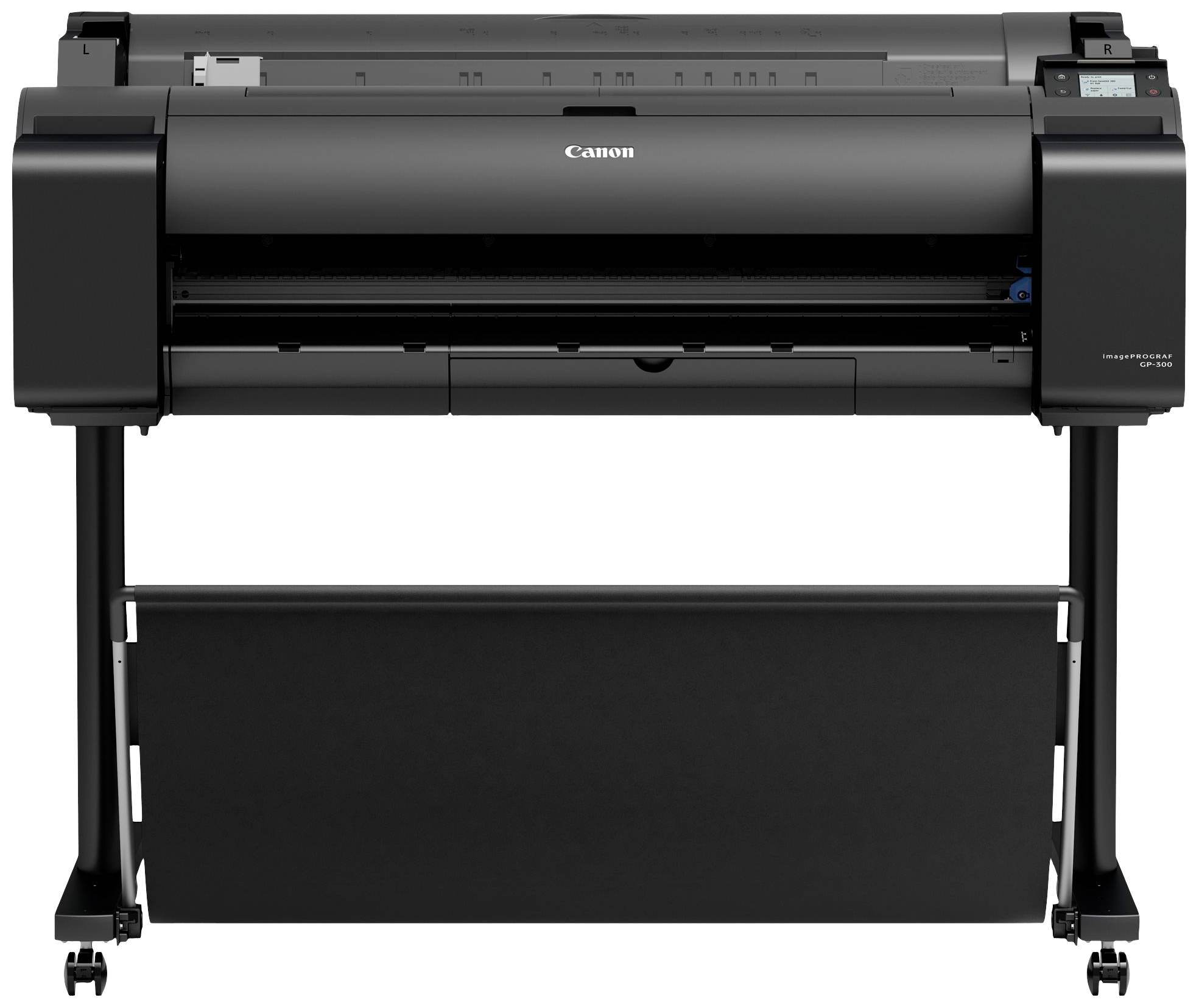 Een grote zwarte printer met wielen en een display aan de rechterkant, geschikt voor groot formaat afdrukken.