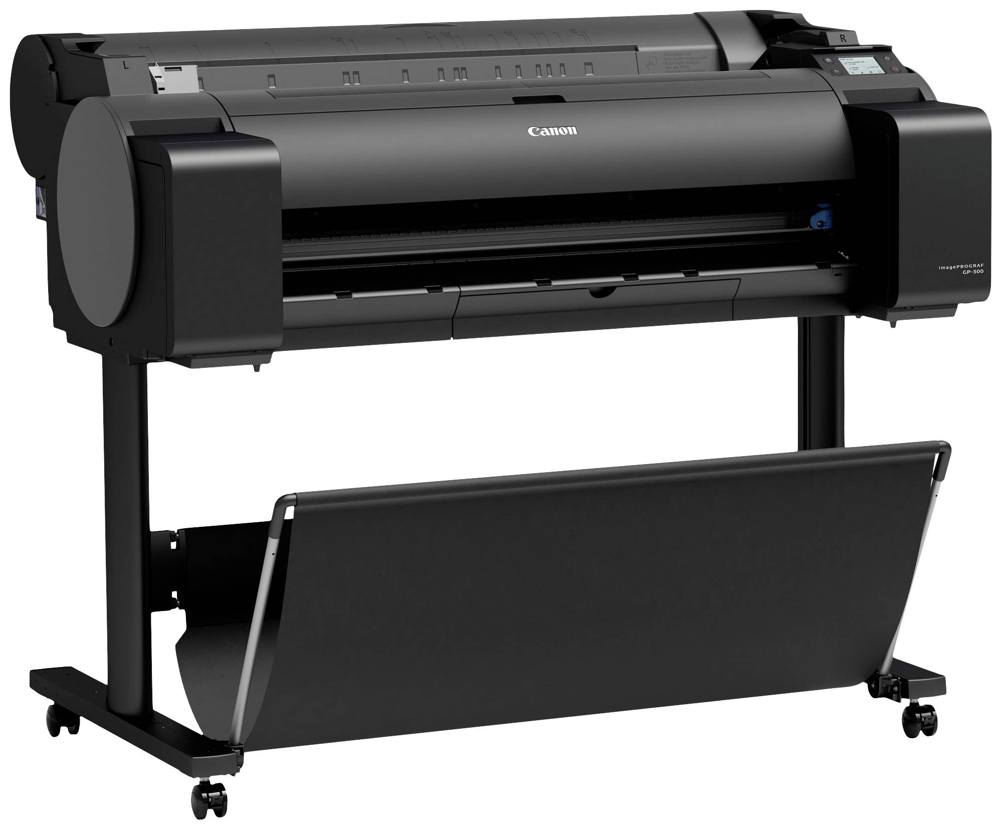 Een grote, zwarte printer op wielen, geschikt voor grootformaat afdrukken in kantoren of printshops.