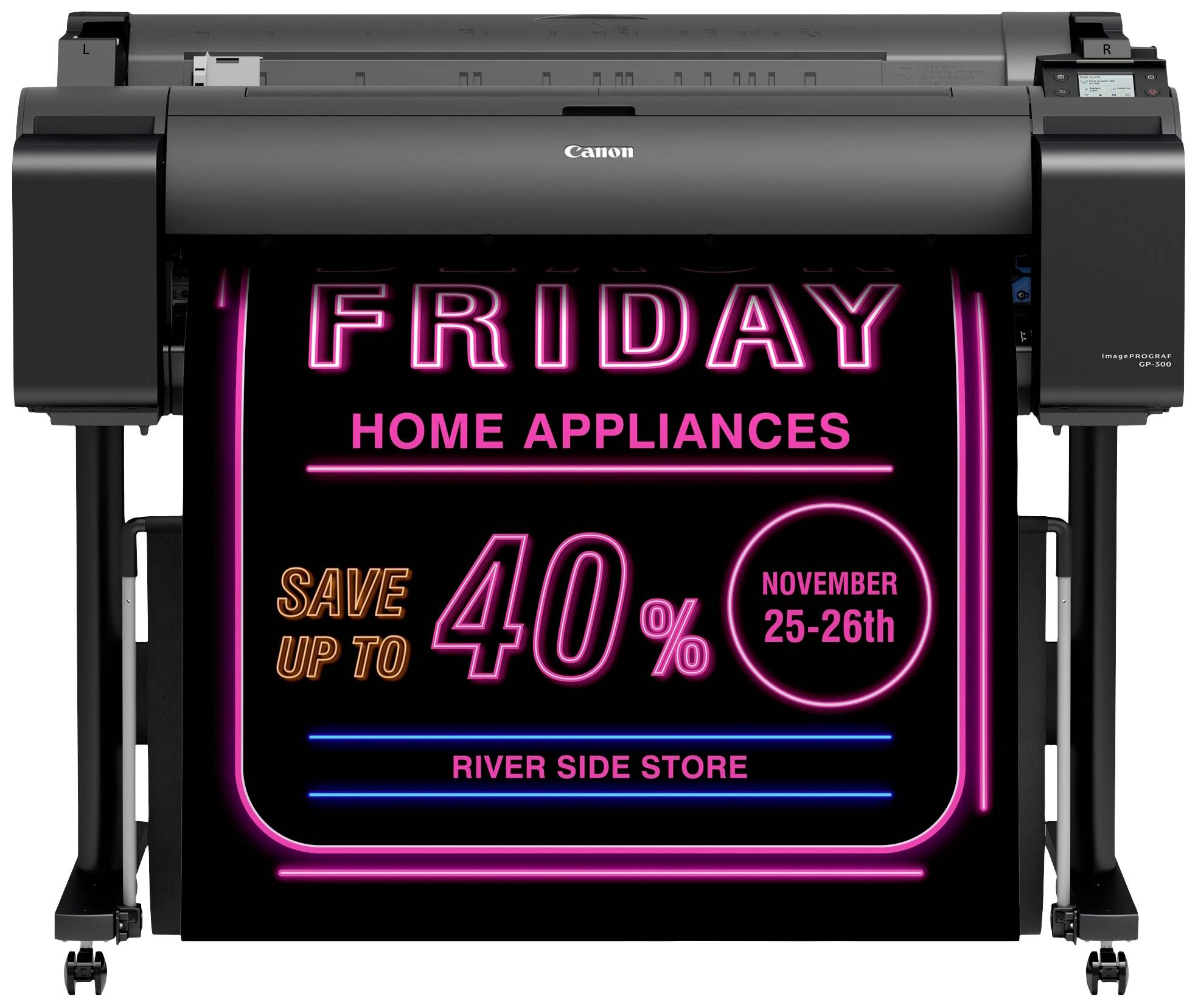 'Posterdrukker drukt een reclameposter voor een verkoop van huishoudelijke apparaten met kortingen tot 40% op 25-26 november.'