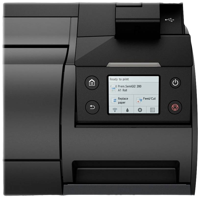 Een zwarte printer toont op een display opties zoals 'Papier vervangen' en 'Drukken/Snijden'.