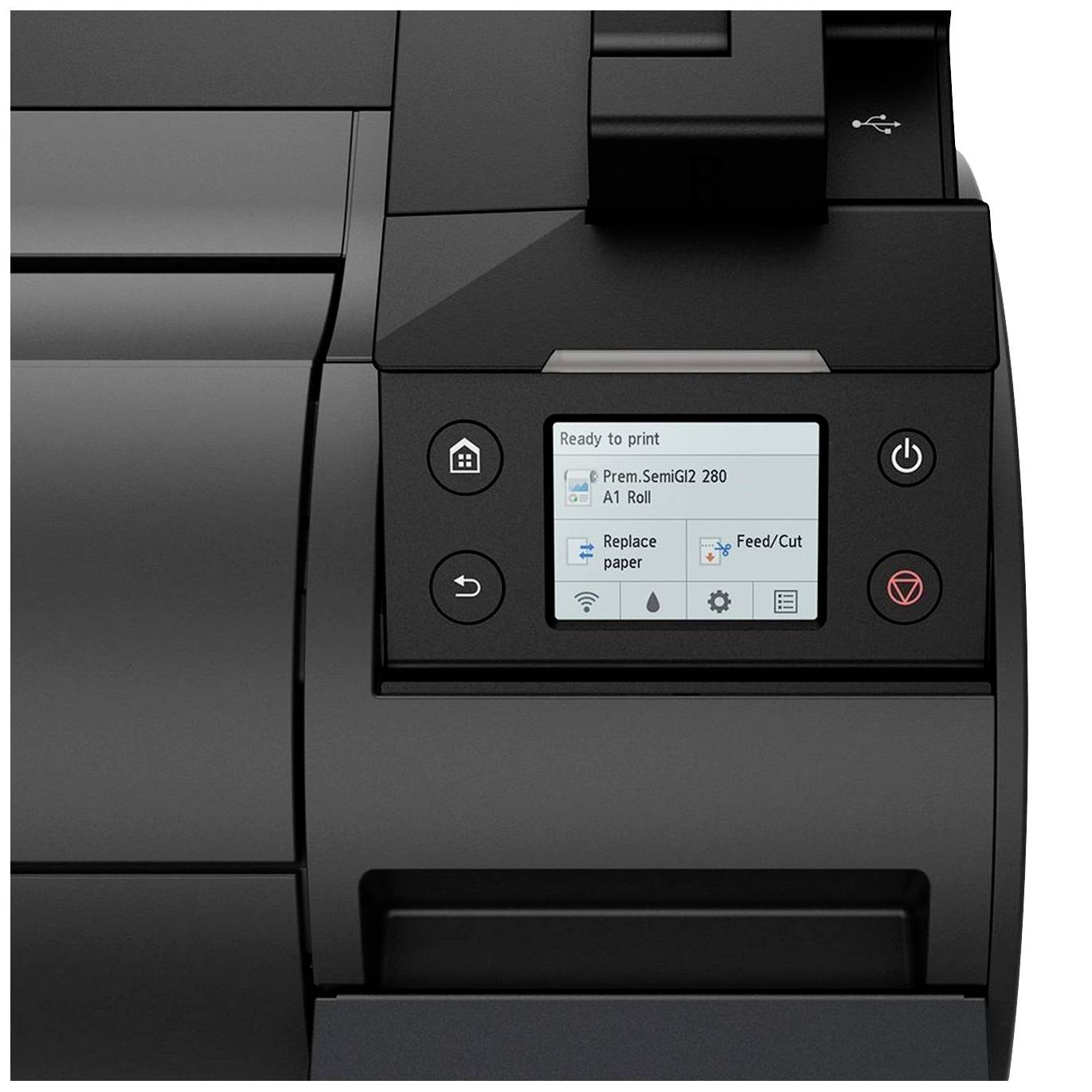 Een printer met een digitaal display toont de status 'Gereed om af te drukken' en een waarschuwing 'Papier vervangen'.