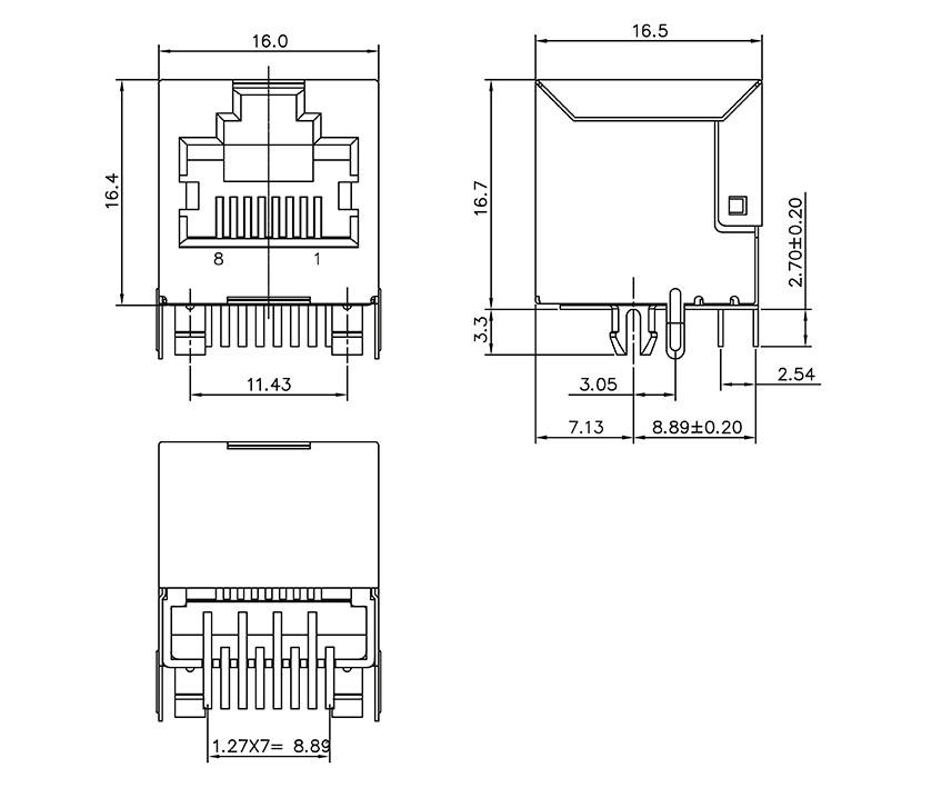 Technische tekening van een RJ45-poortconnector met voor-, zij- en bovenaanzicht. Afmetingen aangegeven in millimeters.