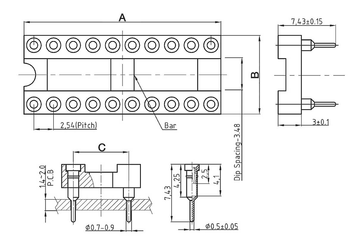 Technische tekening van een elektrische connector met afmetingen. Gemarkeerde afmetingen: 7,43, 14,2, 3±0,1, 2,54 enz. toont montagedetails.