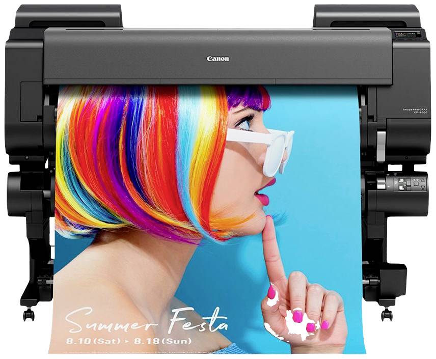 Een kleurenprinter produceert een poster met een kleurrijk portret van een persoon met regenbooghaar. Tekst onderaan: 'Summer Festa 8.10 (Za) - 8.18 (Zo)'.