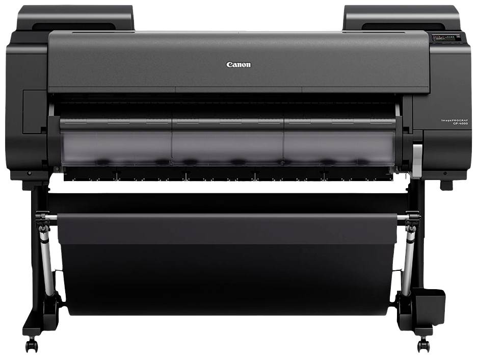 Een grote, zwarte printer op een metalen frame, geschikt voor het afdrukken van grootformaat documenten en posters.