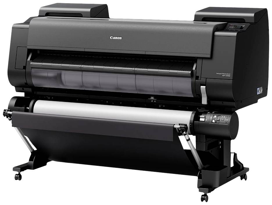 Een grote, zwarte grootformaat printer op wielen, geschikt voor professionele afdruktaken in kantoren of drukkerijen.