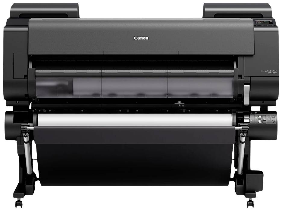 Een groot formaat printer voor het maken van posters of grote grafische afbeeldingen. De machine is zwart en staat op een frame.