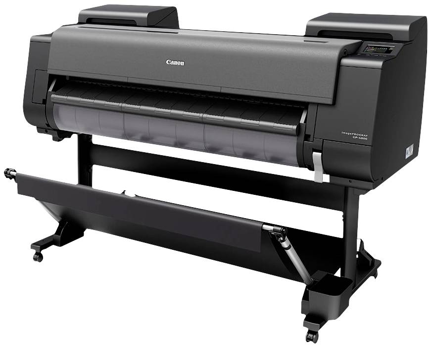 Een grote, zwarte printer voor grootformaat afdrukken, geschikt voor professionele printworkzaamheden in een kantoor- of studioomgeving.