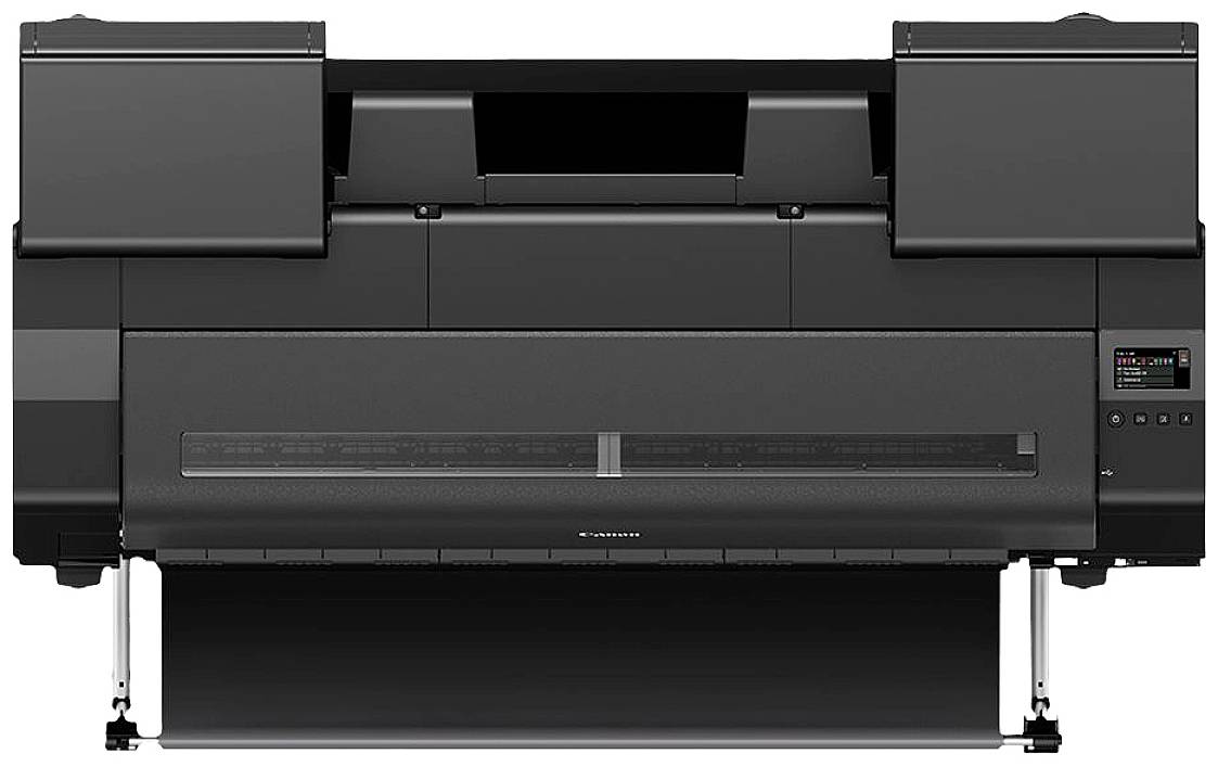 Grote, zwarte printer met papieruitvoerlade onderaan, geschikt voor professionele afdrukken van hoge kwaliteit.