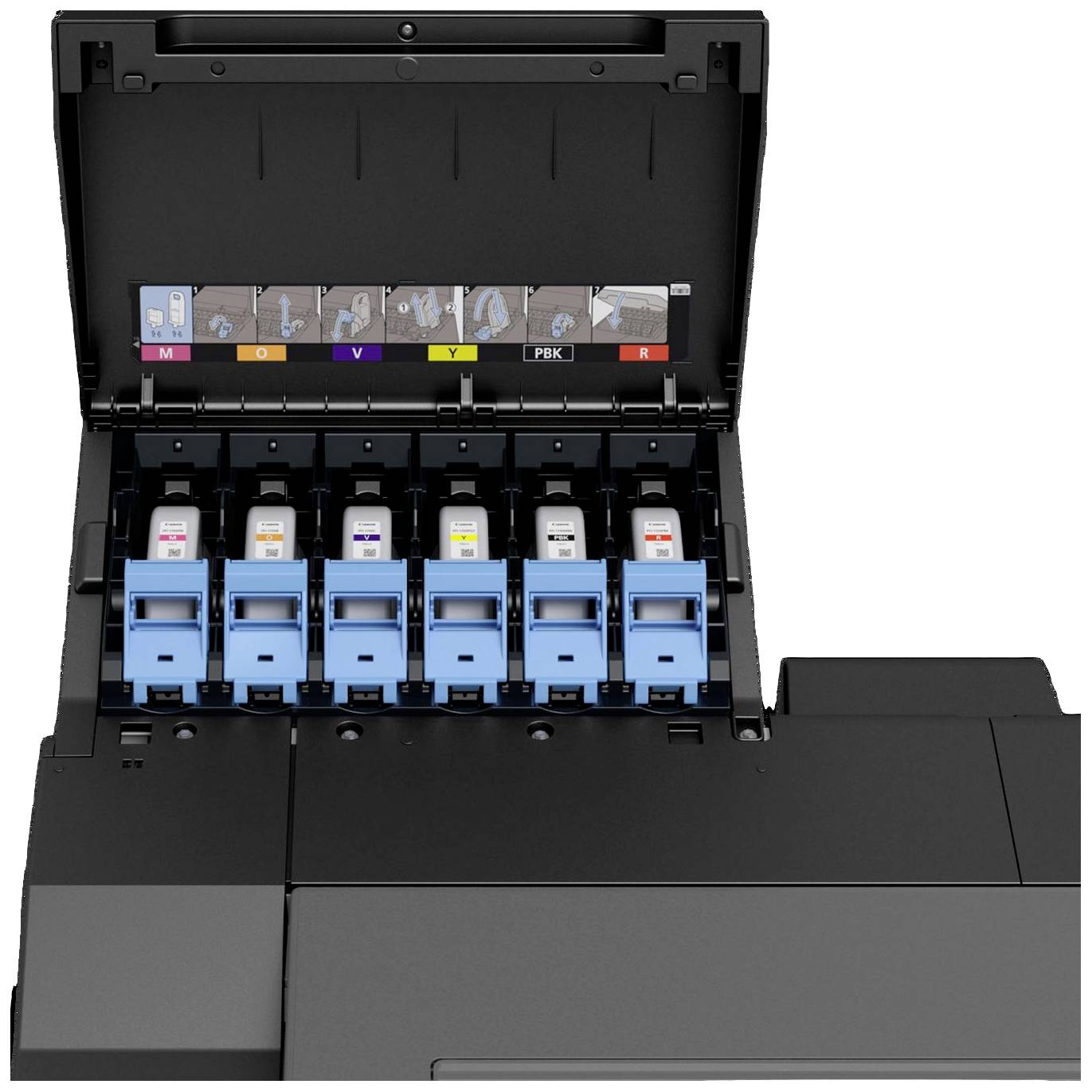 Een geopende printer met zes zichtbare inktpatronen in verschillende kleuren.