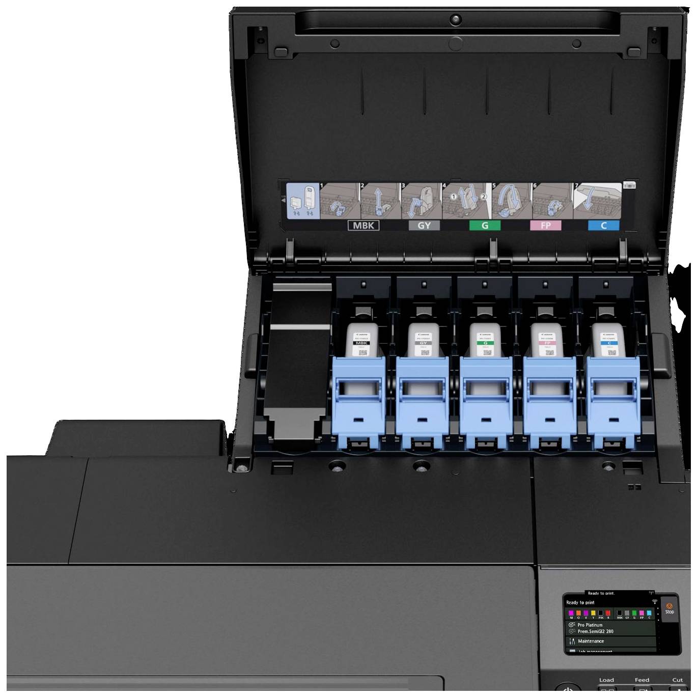 Printer met open lade toont zes inktpatronen voor verschillende kleuren. Bedieningspaneel rechts, licht geeft operationele status aan.