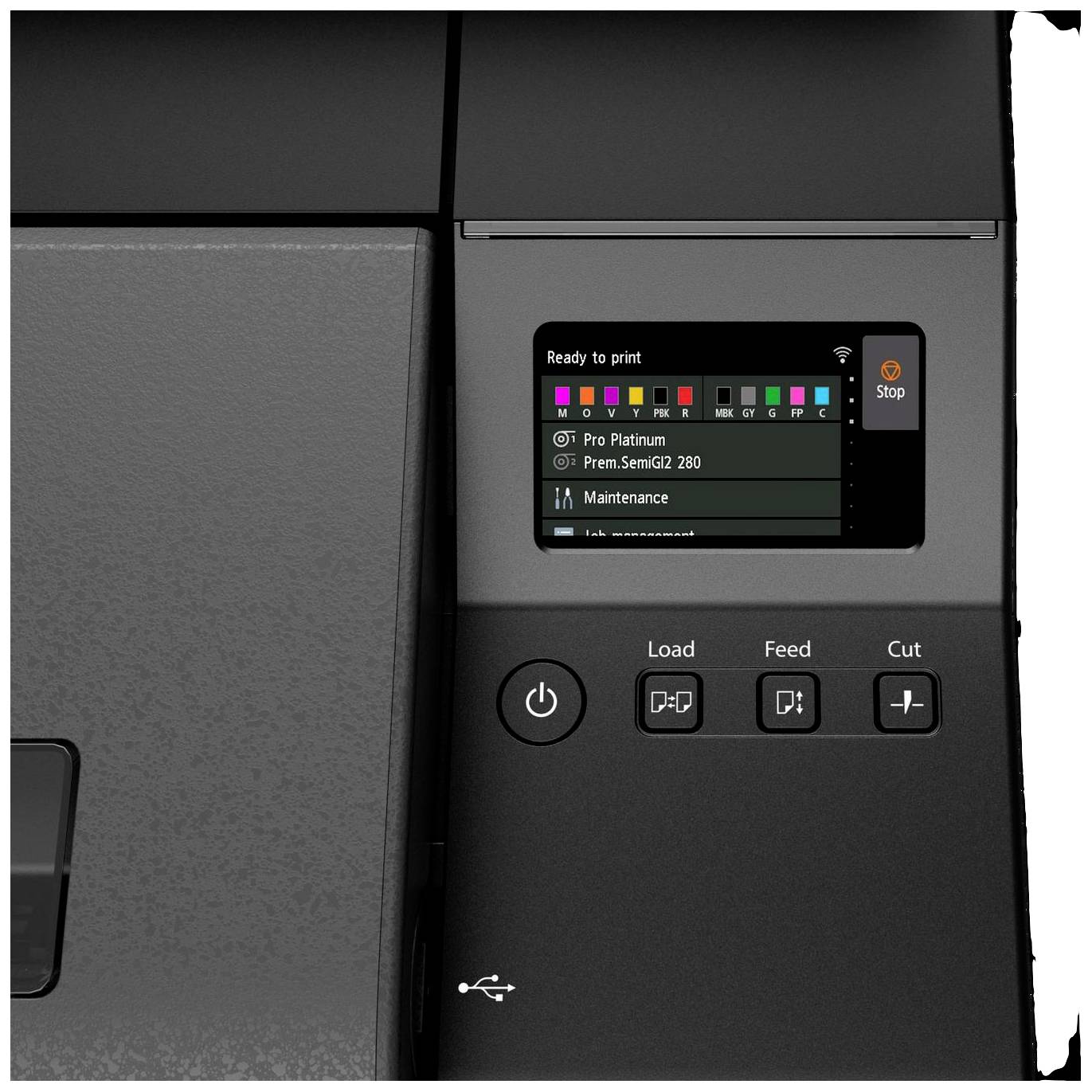 Inkjetprinter-bedieningspaneel toont status: 'Klaar om af te drukken'. Symbolen voor aan/uit, papiertoevoer, snijfunctie en USB-aansluiting zichtbaar.