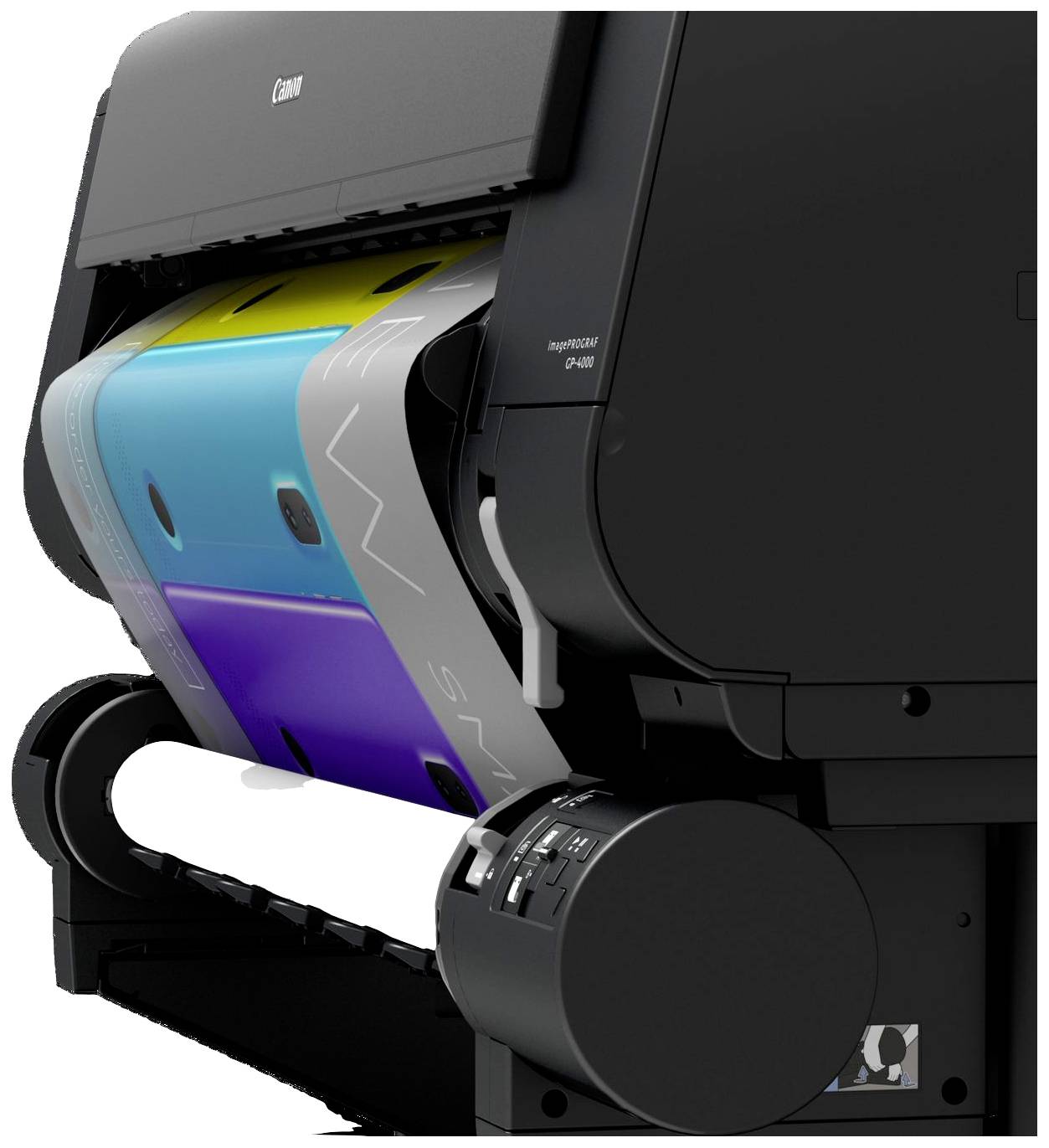 Printer met gekleurd papier aan de binnenkant, toont geel, cyaanblauw en paars papier in een drukrol, zijaanzicht.