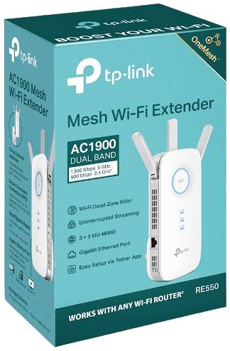 'Tp-Link Mesh Wi-Fi Versterker, Dual-Band AC1900, compatibel met elke Wi-Fi Router, ondersteunt OneMesh, Model RE550.'