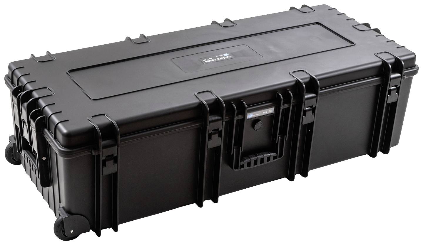 Een grote, robuuste zwarte koffer met wielen en handgrepen, geschikt voor het veilig vervoeren van gevoelige apparatuur.