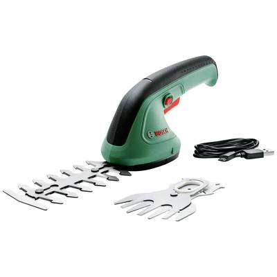 Een groene, snoerloze Bosch-heggenschaar met zwarte handgreep en rode knop, naast een USB-oplaadkabel en een reservemes.