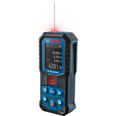 Het beeld toont een Bosch-afstandsmeter. Het scherm toont verschillende afstanden, waarvan de grootste 42,011 meter bedraagt.