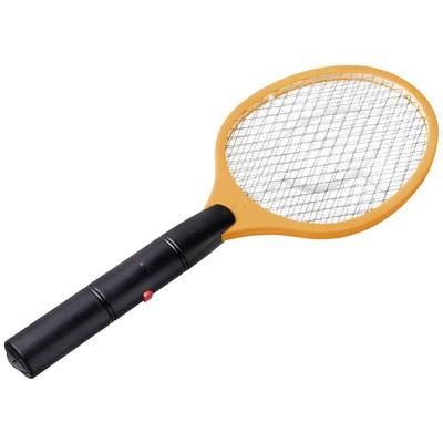 Elektrische vliegenmepper met oranje frame en zwarte handgreep. Gebruikt voor insectenbestrijding door middel van een elektrische schok.