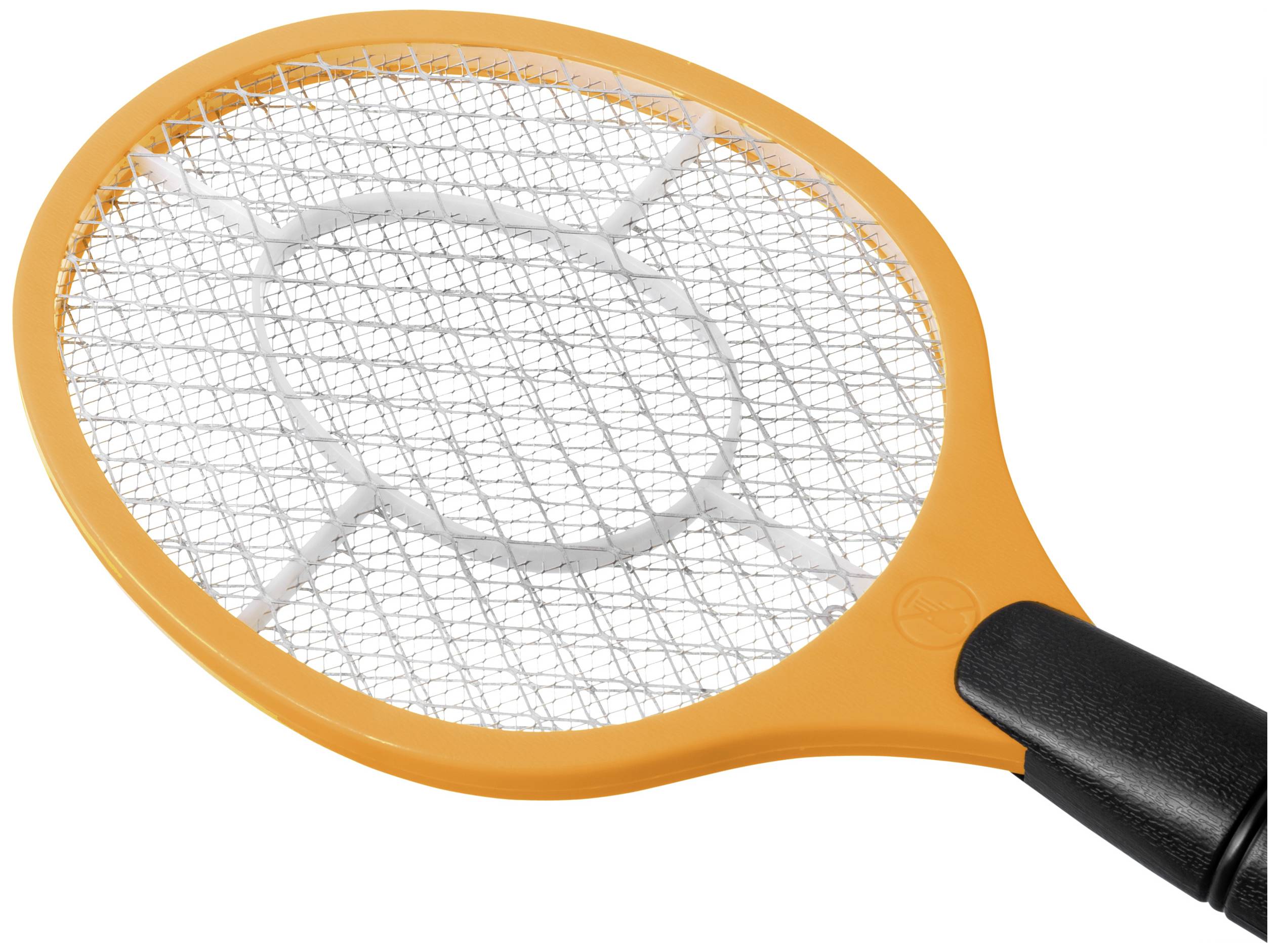 Een oranje elektrische vlieg- en insectenverdelger in de vorm van een tennisracket met een zwarte handgreep.