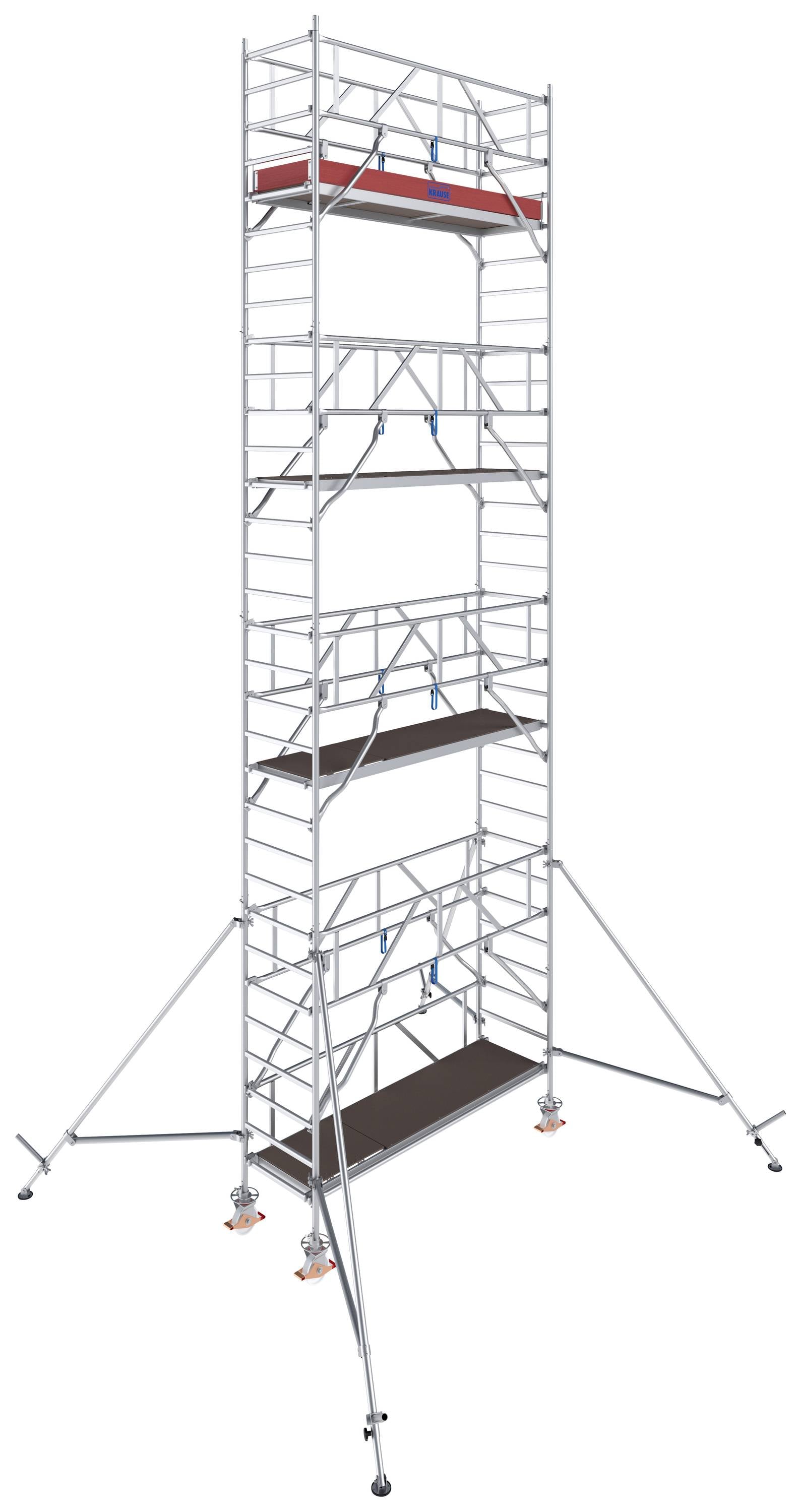 Aluminium rolsteiger met platforms op verschillende hoogtes. Steiger is gestabiliseerd door diagonale schoren en uitleggers.