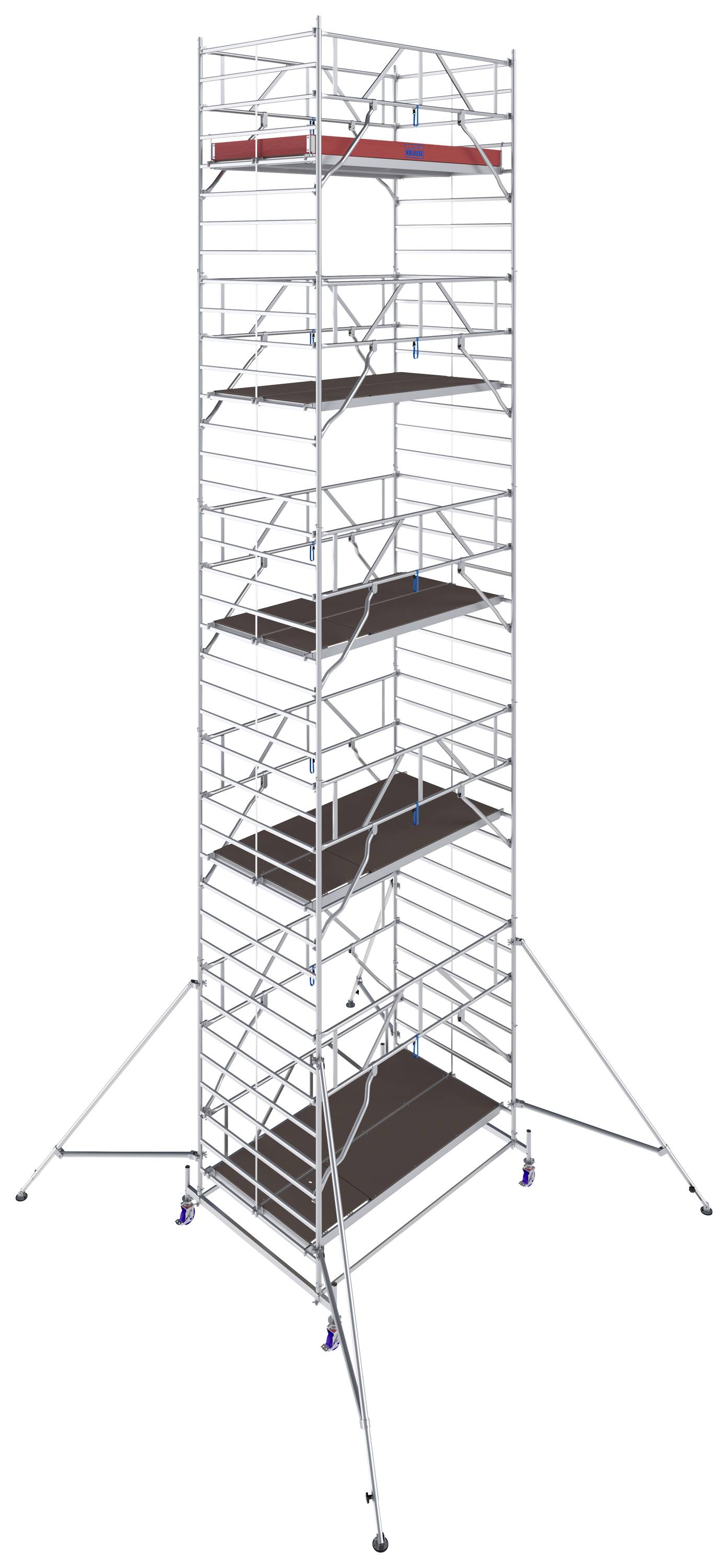 Een hoog, veilig steigersysteem met meerdere platforms, geschikt voor werkzaamheden op grote hoogte.