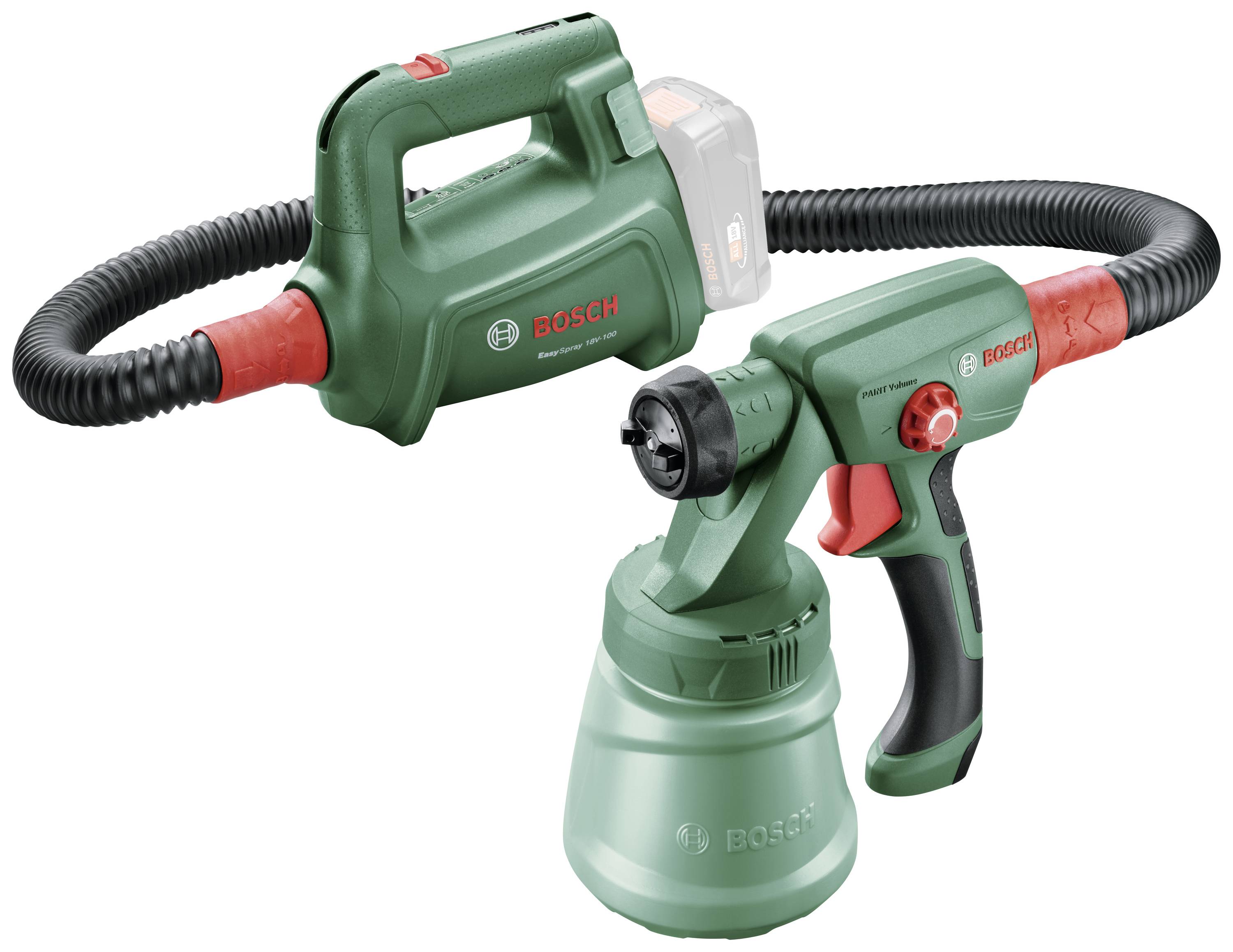 Elektrisch verfspuitpistool in groen en rood van Bosch, met verwijderbare container en slang, geschikt voor doe-het-zelfprojecten.